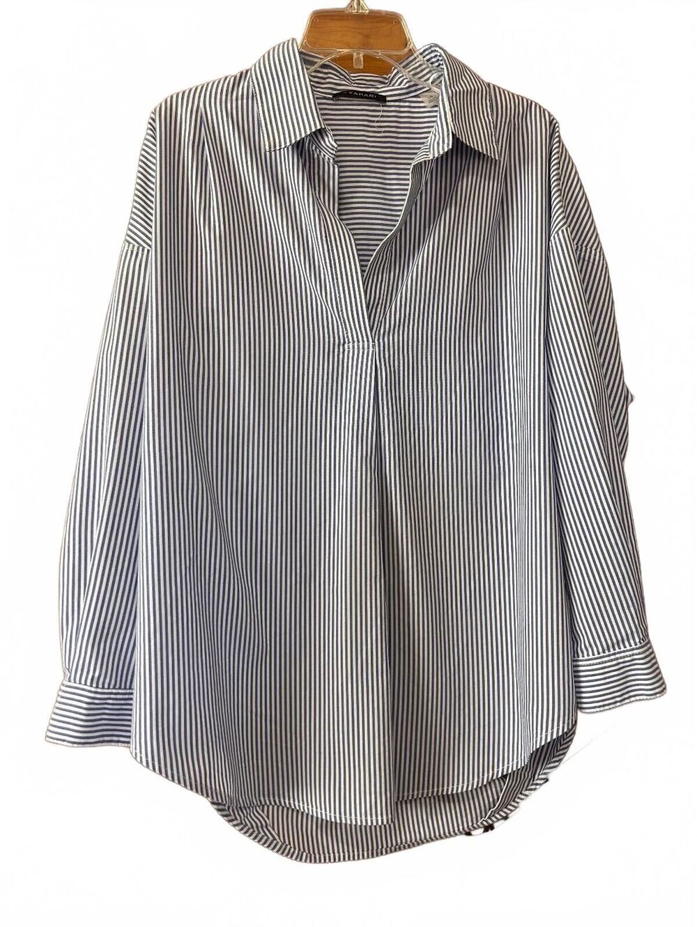 Tahari Oversized Blue and White Striped Long Sleeve Blouse Large